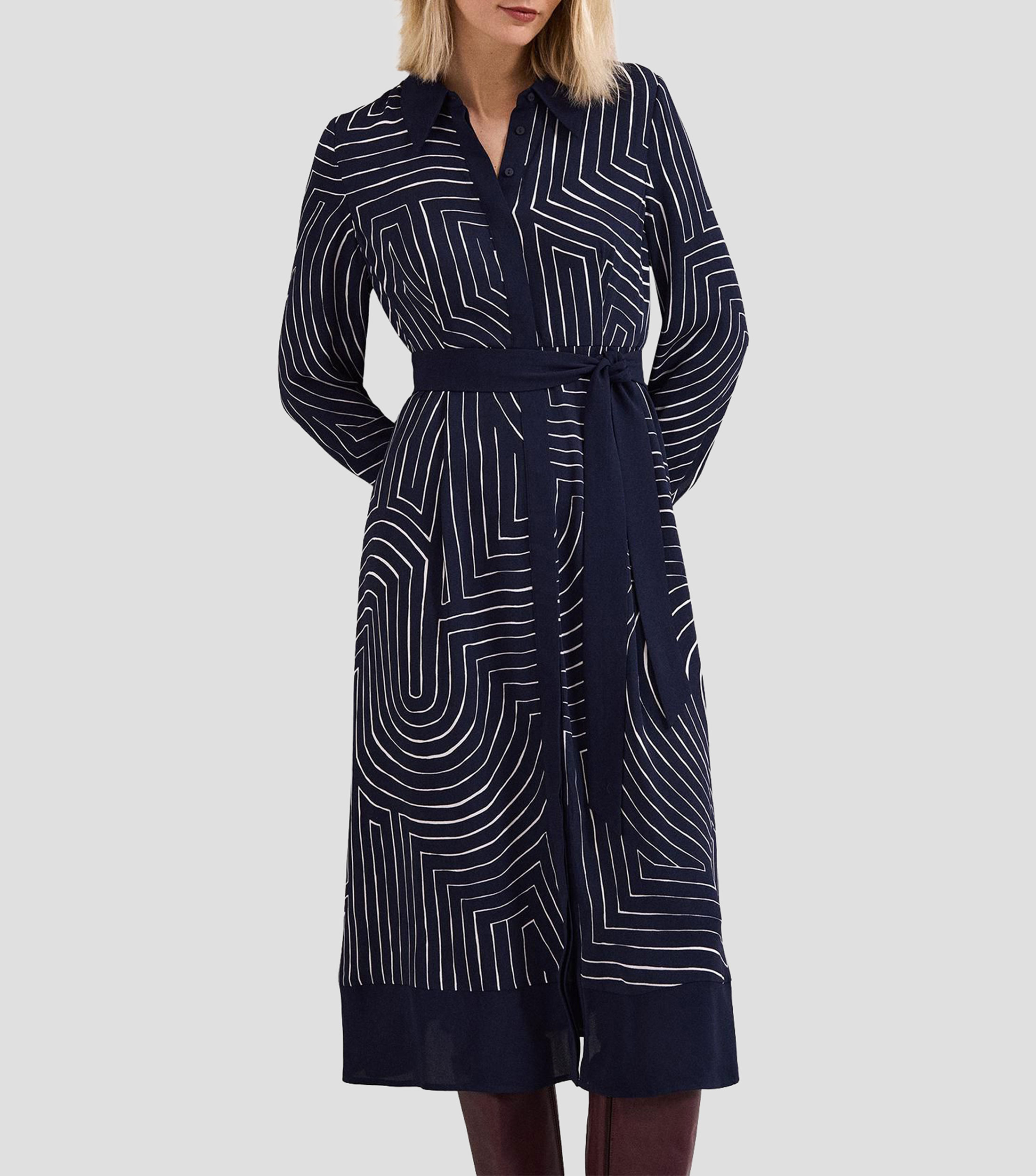 Vestido midi con manga larga de líneas Mujer